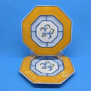 Fitz And Floyd Ricamo Trattoria Set Of 2 Blue And Yellow 8 1/8" Salad Plates NEW